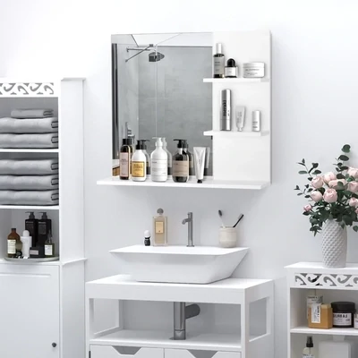 Badspiegel mit 3 Ablagen Wandspiegel Spiegelregal Badezimmer MDF Weiss