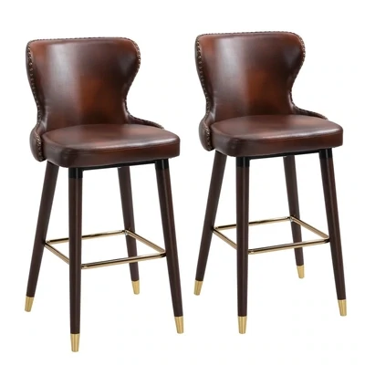 2er Set Barstuhl Bistrohocker Esszimmerstuhl mit Fusstütze hohe Rückenlehne PU Braun