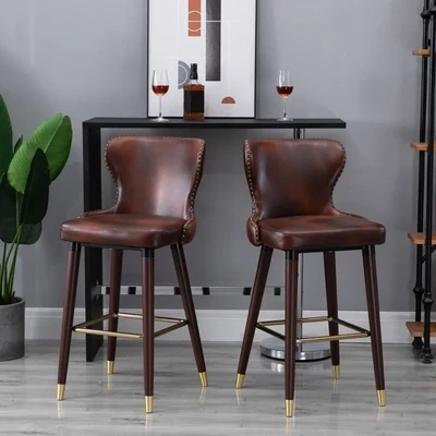 2er Set Barstuhl Bistrohocker Esszimmerstuhl mit Fusstütze hohe Rückenlehne PU Braun