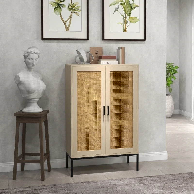 Sideboard im Boho-Stil, Wienergeflechtoptik, Kommode, Natur + Schwarz