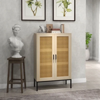 Sideboard im Boho-Stil, Wienergeflechtoptik, Kommode, Natur + Schwarz