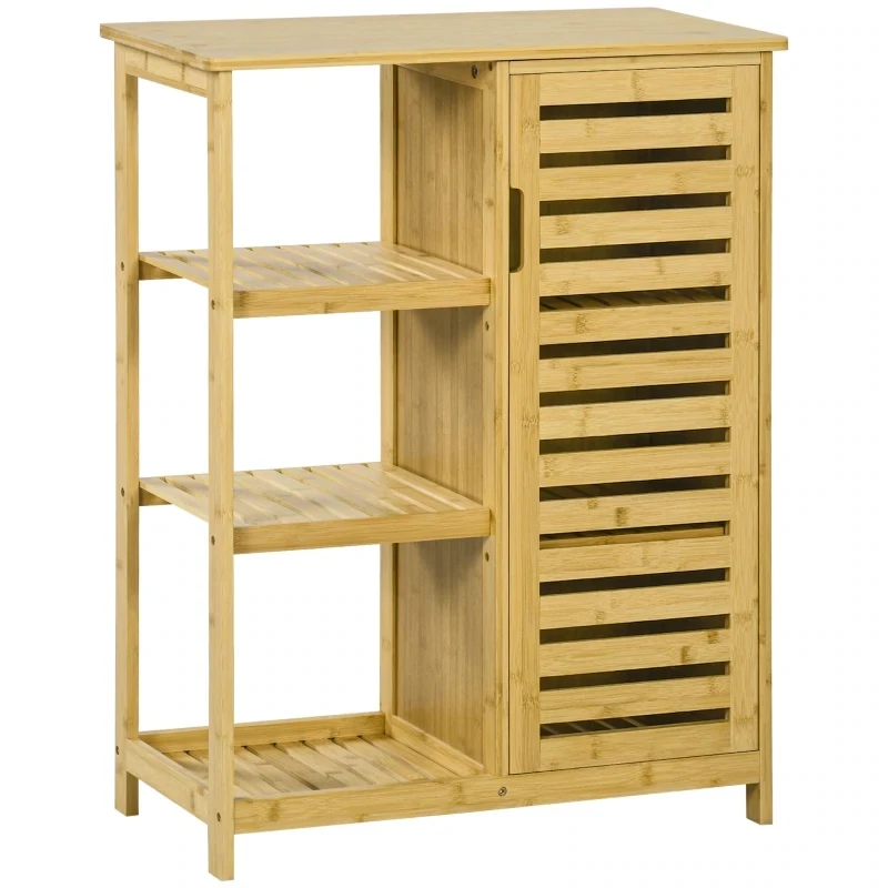 Badezimmerschrank aus Bambus, 3 Regale, 1 Schrank mit Lamellentüren, Natur