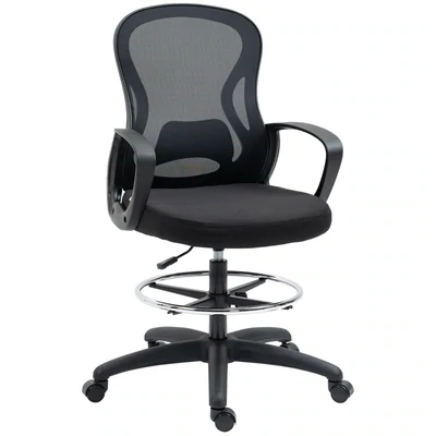 Bürostuhl, Zeichenstuhl mit Fussstütze, höhenverstellbar, 5 Rollen, Schwarz