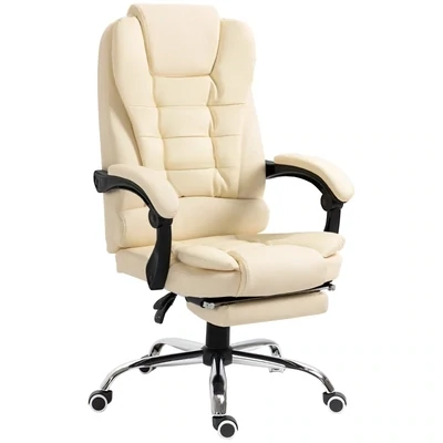 Bürostuhl mit Fussstütze, Schreibtischstuhl, verstellbare Rückenlehne, höhenverstellbar, Creme + Schwarz + Silber
