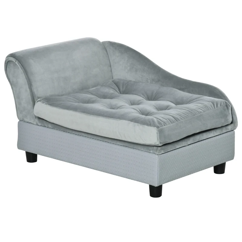 Haustiersofa mit Matte, Hundebett, Hundematte, Katzenbett mit Lagerraum, Naturholz+Plüsch, Hellgrau, 76 x 45 x 41,5 cm