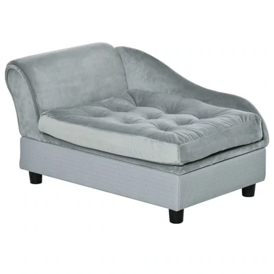 Haustiersofa mit Matte, Hundebett, Hundematte, Katzenbett mit Lagerraum, Naturholz+Plüsch, Hellgrau, 76 x 45 x 41,5 cm