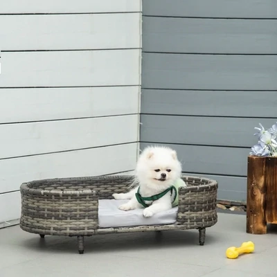 Hundebett inkl. Kissen für kleine Hunde Rattan Braun + Grau