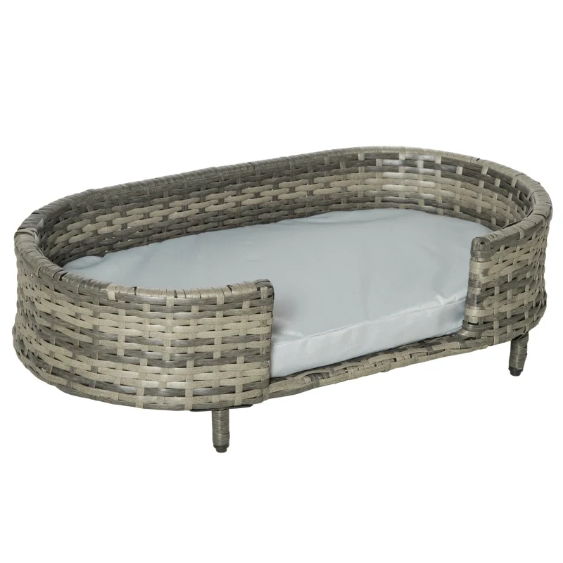 Hundebett, Katzenbett aus Rattan inkl. Kissen Braun + Grau