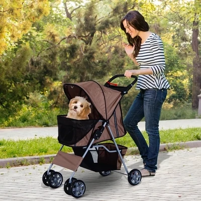 Hundewagen Hundebuggy Pet Stroller klappbar – Bodenkorb, 2 Becherhalter, Kaffeebraun