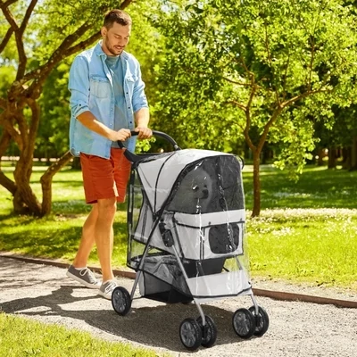 Hundewagen Hundebuggy PetStroller, faltbar, mit 1 Korb, 2 Becherhalter, Regenverdeck, Grau