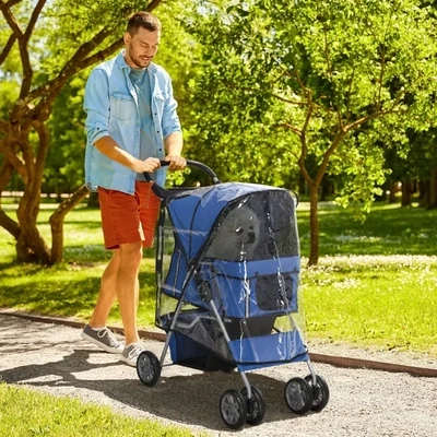 Hundewagen Hundebuggy PetStroller, faltbar, mit 1 Korb, 2 Becherhalter, Regenverdeck, blau
