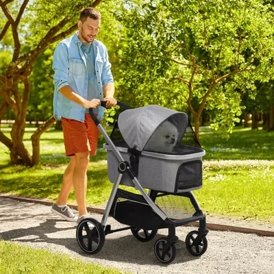 3- in-1 Hundebuggy, Pet Stroller, Hundewagen inkl. Kissen, klappbar, 1 Aufbewahrungskorb, Hellgrau + Silber
