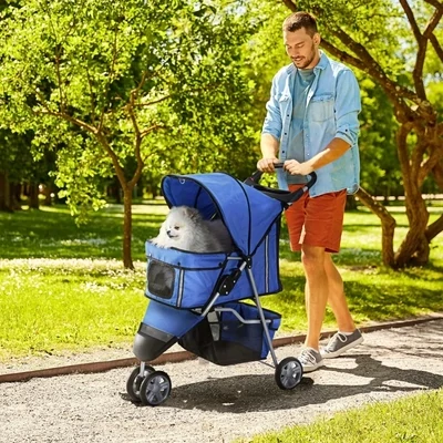 Hundewagen, Hundebuggy, Pet Stroller klappbar – Netzfenster, Ablagekorb, Blau