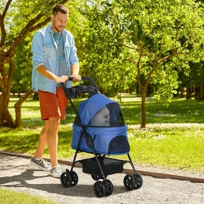 Hundebuggy / Pet Stroller klappbar – Netzfenster, Korb, Becherhalter, Blau