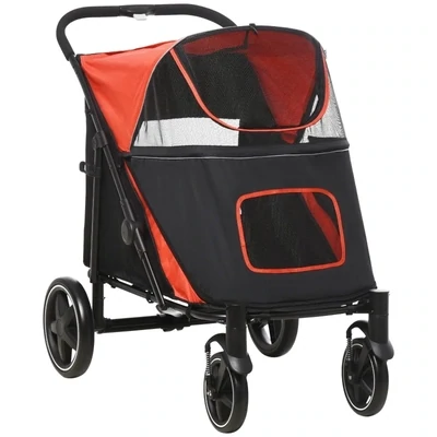 Hundewagen Hundebuggy, bis 30kg, klappbar, One-Klick-System, klappbar, 2 Sicherheitsleinen, Rot + Schwarz
