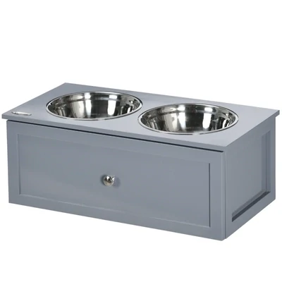 Doppel-Futternapf Futterstation, 2 Fressnäpfe je 2 Liter, Edelstahl, mit Schublade, für mittlere Hunde, grau, 60 x 30 x 24cm