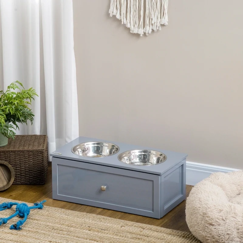 Futterstation – 2 Fressnäpfe, 2L, Schublade, mittlere Hunde, Grau