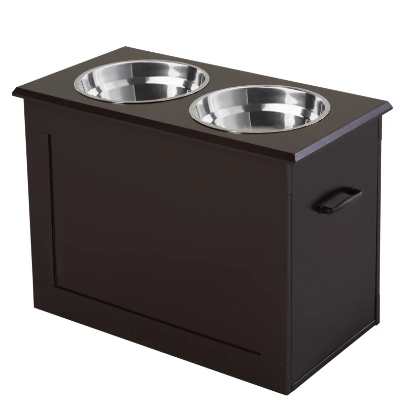 Futterstation, 2 Fressnäpfe aus Edelstahl, versteckter Stauraum, 60 cm x 30 cm x 41 cm, Weiss + Silber
