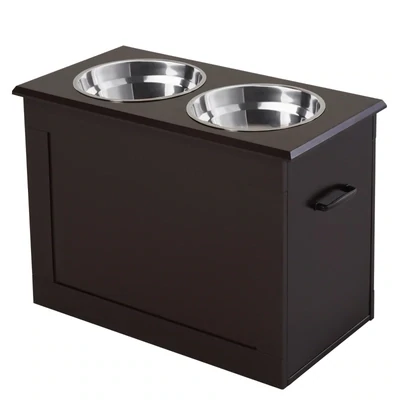 Futterstation, 2 Fressnäpfe aus Edelstahl, versteckter Stauraum, 60 cm x 30 cm x 41 cm, Weiss + Silber