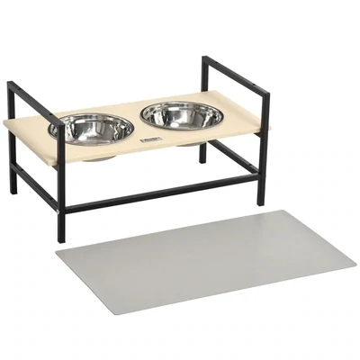 Futterstation, 2 herausnehmbare Fressnäpfe, höhenverstellbar, Napfunterlage, Natur+ Schwarz + Silber
