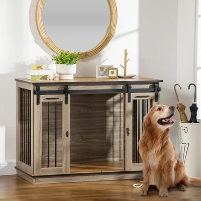 Doppel-Hundebox mit Trennwand für 2 Hunde, rustikales Design, verriegelbar, Braun (120x60x88,5 cm)