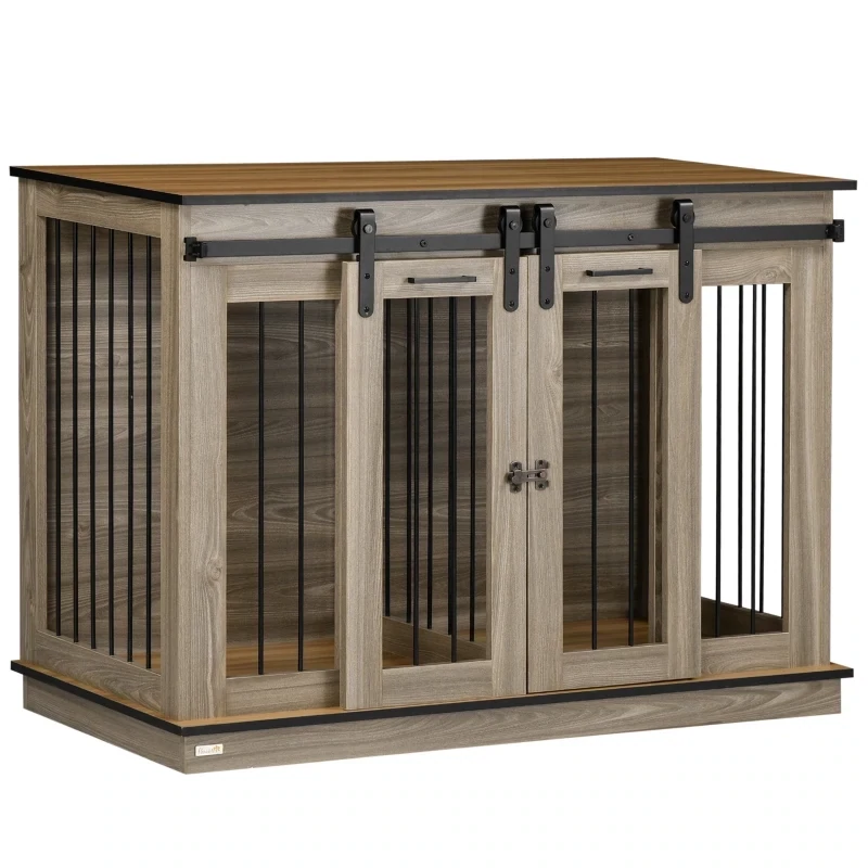 Hundekäfig mit 2 Türen, Hundebox mit Trennwand für 2 Hunde, rustikales Design, verriegelbar, Braun
