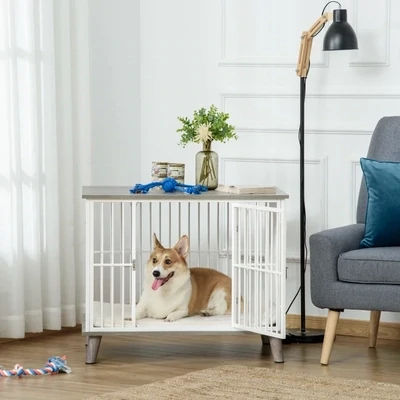 Hundekäfig Holz (86x60x70cm) – Hundebox, Transportbox, Kissen, Weiss/Grau