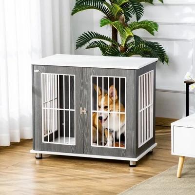 Heim-Hundebox – Transportbox, mittelgrosse/kleine Hunde, Grau/Weiss (85x55x75cm)