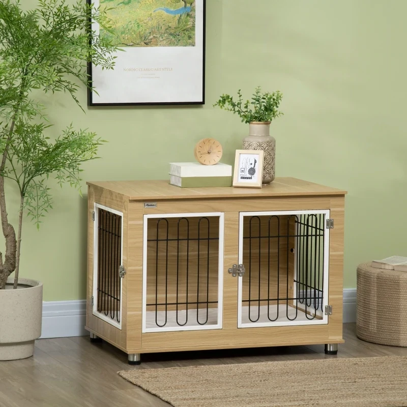 Hundekäfig, Heim-Hundebox (90x58x65cm) – waschbares Kissen, 2 Verriegelungen, Hellbraun