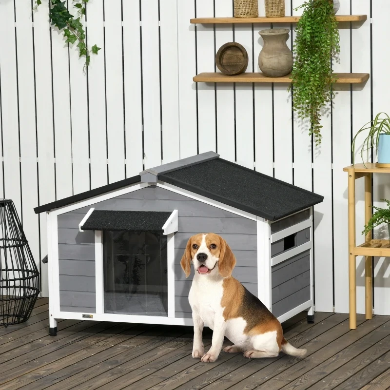 Hundehütte Massivholz – wetterbeständig, Asphaltdach, Grau/Weiss