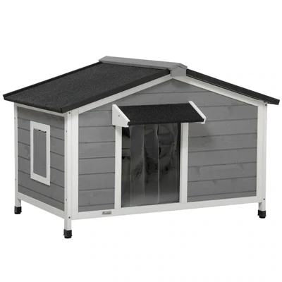 Hundehütte aus Massivholz, wetterbeständig, Grau + Weiss