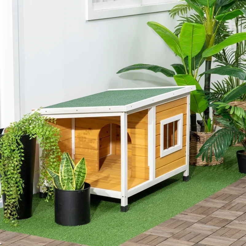 Hundehütte Veranda – aufklappbares Dach, Fenster, Naturholz, Orange