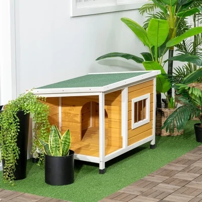 Hundehütte Veranda – aufklappbares Dach, Fenster, Naturholz, Orange