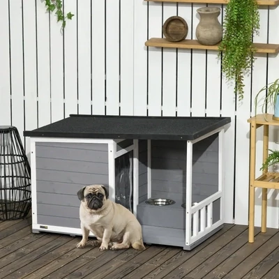 Hundehütte Massivholz – 2 Fressnäpfe, Veranda, wetterbeständig, Grau/Weiss