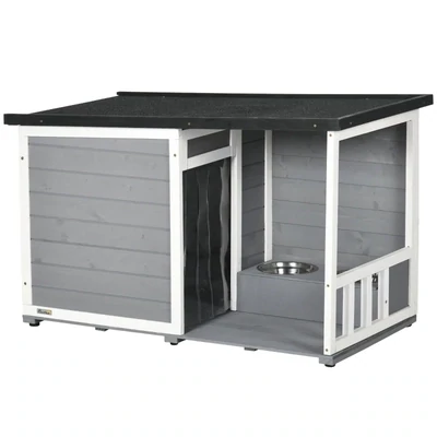 Hundehütte aus Massivholz, mit 2 Fressnäpfen, Veranda,