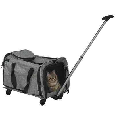 3-in-1 Haustiertrolley, Haustiertransporttasche, Haustier-Autositz, Teleskopstange, 2 Taschen, Grau + Schwarz