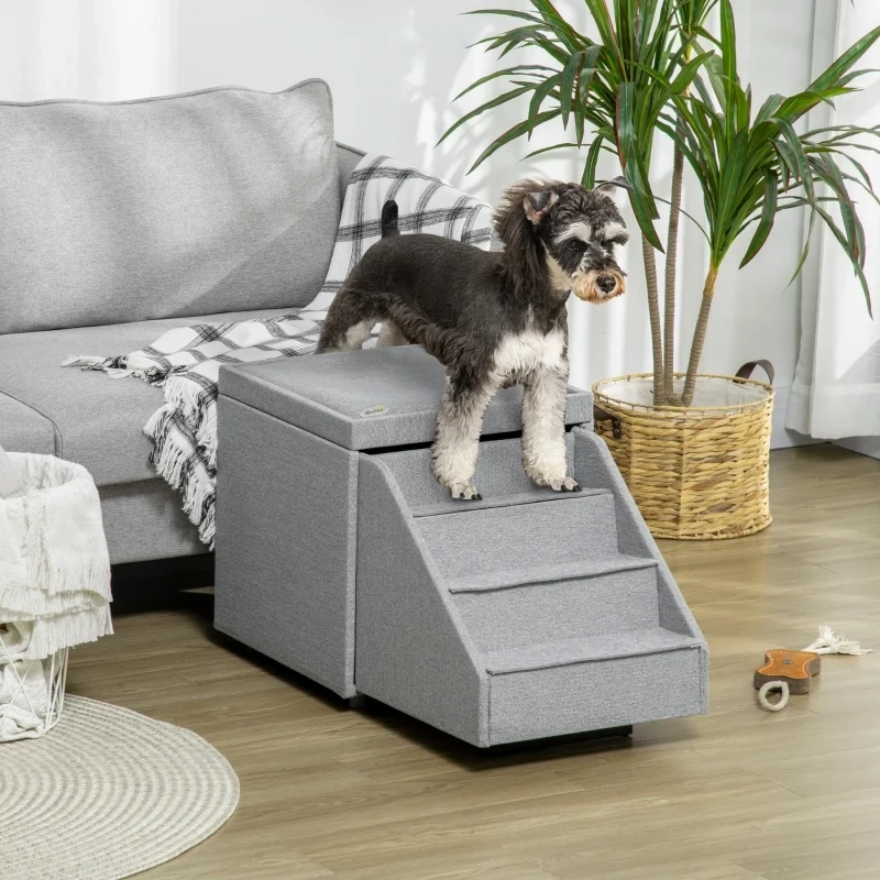 Haustiertreppe Hundetreppe Katzentreppe mit Liegefläche, einziehbare Treppe, gepolstert, Hellgrau