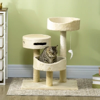 Kratzbaum für Katzen, 2 Katzenbetten, Katzenspielzeug und Kratzsäulen beige