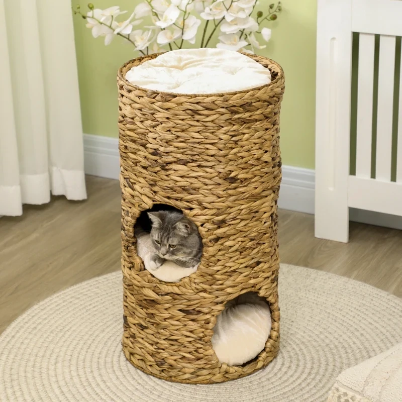 Katzenhöhle mit 3 Ebenen, 3 Eingänge, Boho-Design, inkl. Kissen, 40 cm x 40 cm x 73 cm, Hellbraun + Cremeweiss