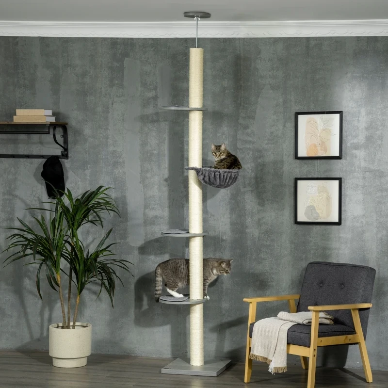 Kratzbaum mit Hängematte, inkl. Deckenspanner, Deckenhoch, Grau + Cremeweiss
