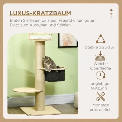 Kratzbaum, mit Liegeplattform, Sitzplattform, Hängematte, Liegekissen,