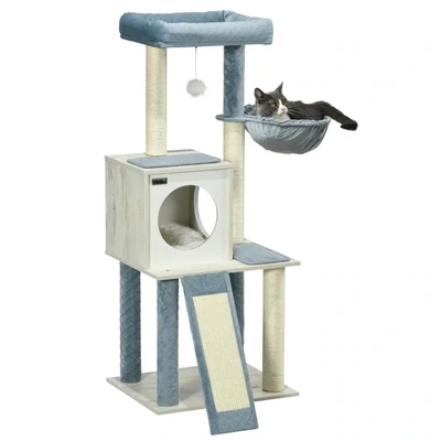 Kratzbaum, Katzenbaum, 1 Katzenhöhle. 1 Hängematte, 1 Katzenbett, inkl. Katzenspielzeug, grau + blau