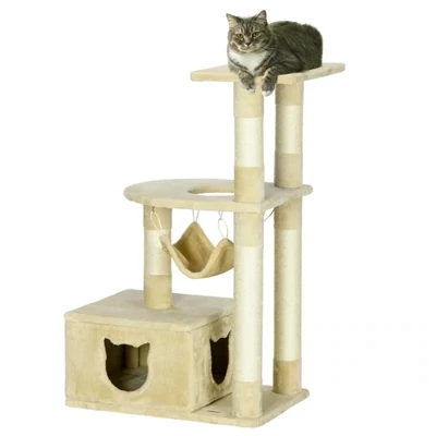 Kratzbaum mit Katzenhöhle, 3 Liegeflächen, 1 Hängematte, 3 Sisal-Pfosten, Natur + Beige
