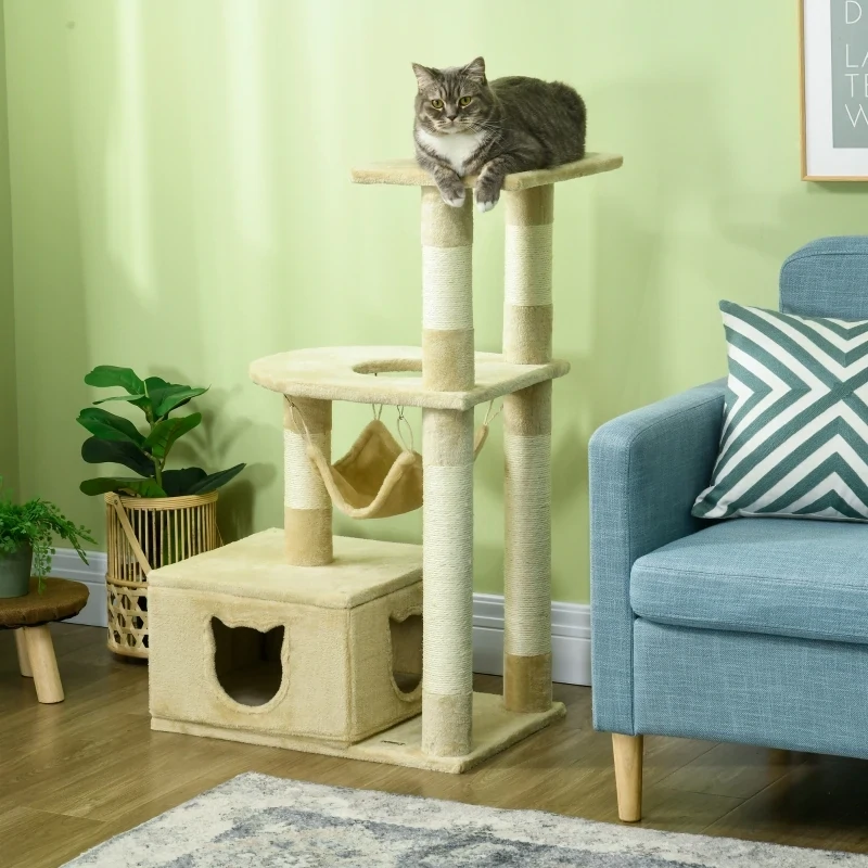 Kratzbaum mit Katzenhöhle, 3 Liegeflächen, 1 Hängematte, 3 Sisal-Pfosten, Natur + Beige