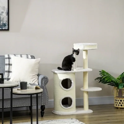 Kratzbaum mit Kratztonne, 1 Katzenbett und Katzenspielzeug, 59 cm x 35 cm x 100 cm, Cremeweiss