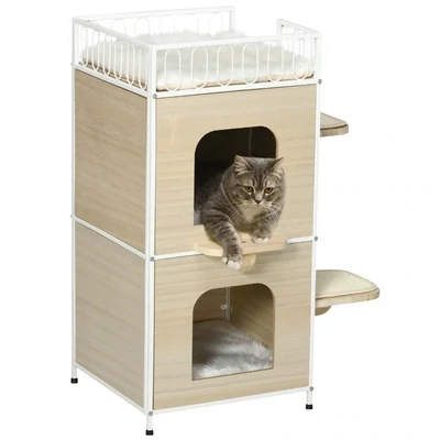 Katzenhaus mit 2 Höhlen, 2 Plattformen, 1 Katzenbett, waschbare Kissen, Natur + Weiss