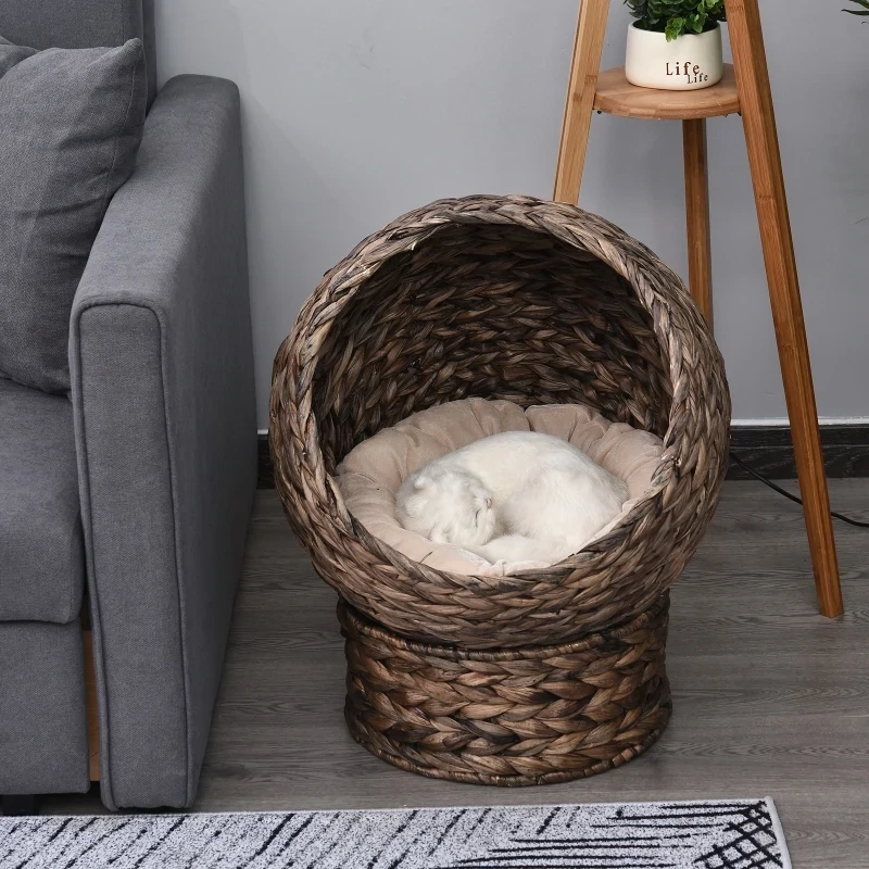 Katzenkorb aus Wasserhyazinthe inkl. Kissen, Katzenbett, Braun + Beige