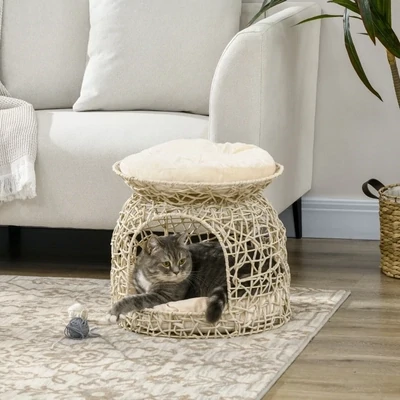 Katzenkorb aus PE-Rattan, 2 Etagen, Katzenhöhle mit Kissen, 42 cm x 42 cm x 40 cm, Beige