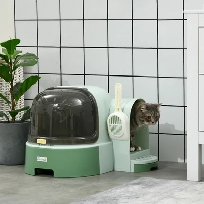 Katzentoilette, 2 herausziehbare Bodenwannen, abnehmbare Haube, Grün + Schwarz