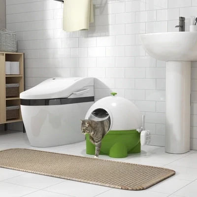 Katzentoilette mit Sieb, inkl. Schaufel, niedliches Design; Grün + Weiss